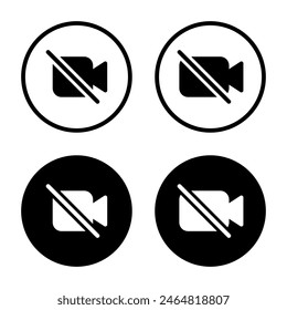 Video Camera Off-Symbol auf schwarzem Kreis. Aufruf zum Stummschalten in sozialen Medien