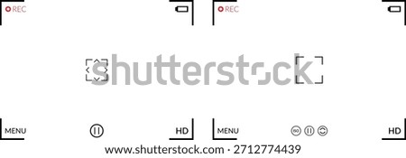 Video Camera On Screen Display Overlay. Camera Viewfinder Frame. Recording, Menu, Quality, and Focus Bracket Graphics. Video Recording and Photography, Including REC, HD, Pause, and Copyright