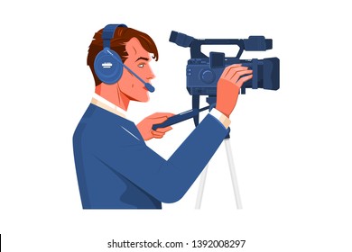 Video camera operator filmed. Isolated on white background.