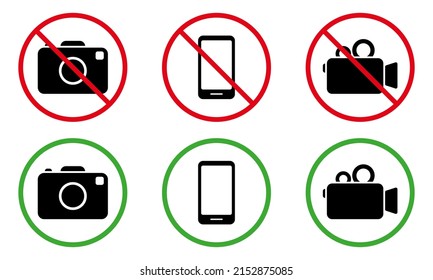 Video Camera Photo Smartphone Recording Allowed Area Black Silhouette Icon Set. Camera Zone Ban Sign. Alert Video Camera Photography Call Zone Place Red Green Symbol. Isolated Vector Illustration.