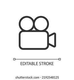 Video camera pixel perfect linear ui icon. Digital and analogue. Instrument for making films. GUI, UX design. Outline isolated user interface element for app and web. Editable stroke. Arial font used