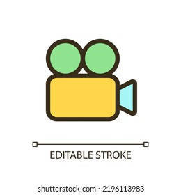 Video camera pixel perfect RGB color ui icon. Recording device. Simple filled line element. GUI, UX design for mobile app. Vector isolated pictogram. Editable stroke. Arial font used
