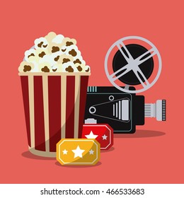 video camera pop corn movie film reel cinema icon. Colorfull illustration. Vector graphic