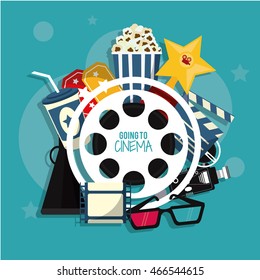 video camera pop corn ticket soda 3d glasses movie film reel strip going to cinema icon. Colorful illustration. Vector graphic