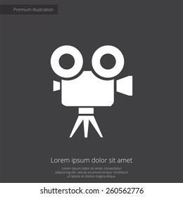 video camera premium illustration icon, isolated, white on dark background, with text elements 