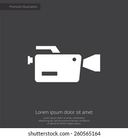 video camera premium illustration icon, isolated, white on dark background, with text elements 