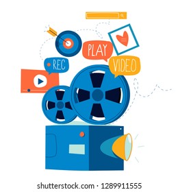 Video camera production, filming video footage flat vector illustration design. Video streaming, digital camera recording, colorful camcorder