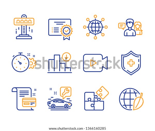Video camera, Puzzle and Attraction icons simple\
set. Certificate, Car service and People talking signs. Cogwheel\
timer, Decreasing graph and International globe symbols. Line video\
camera icon