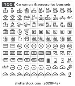 Video camera recorder and accessories for car  icon set design.