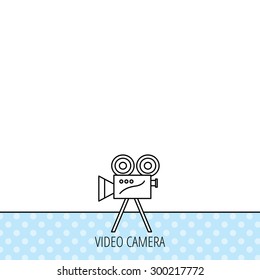 Video camera with reel icon. Retro cinema sign. Circles seamless pattern. Background with icon. Vector