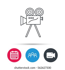 Video camera with reel icon. Retro cinema sign. Group of people, video cam and calendar icons. Vector