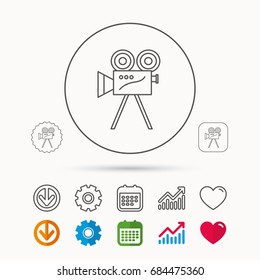 Video camera with reel icon. Retro cinema sign. Calendar, Graph chart and Cogwheel signs. Download and Heart love linear web icons. Vector