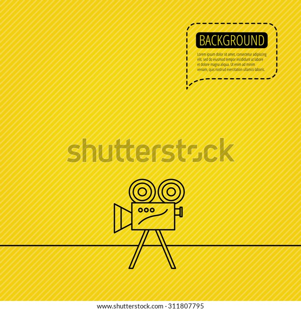 Video camera with reel
icon. Retro cinema sign. Speech bubble of dotted line. Orange
background. Vector