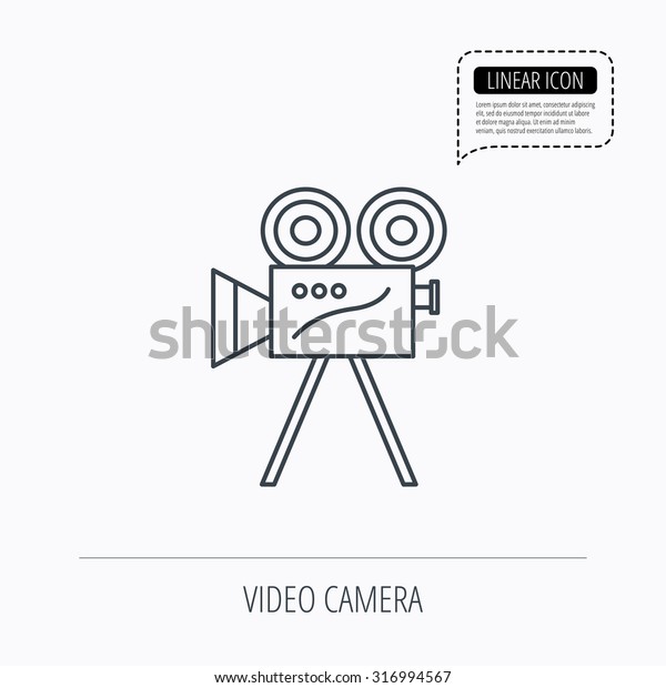 Video camera with\
reel icon. Retro cinema sign. Linear outline icon. Speech bubble of\
dotted line. Vector