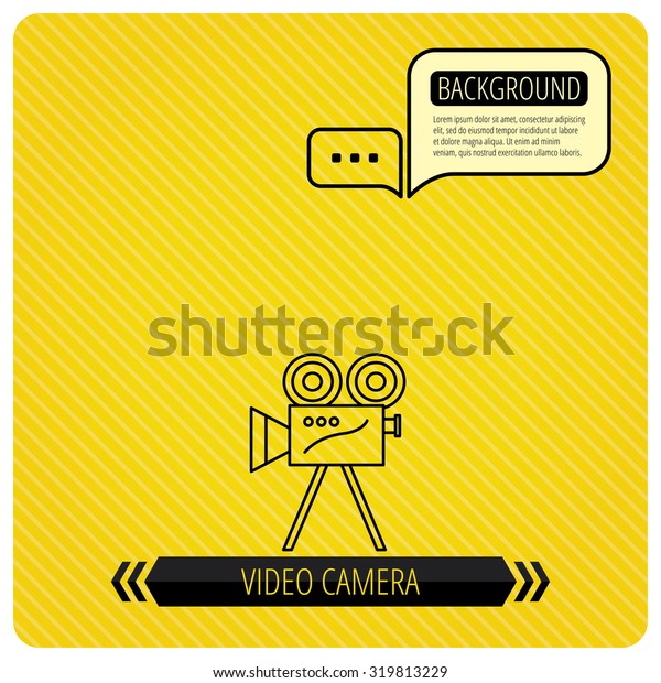 Video camera with reel\
icon. Retro cinema sign. Chat speech bubbles. Orange line\
background. Vector