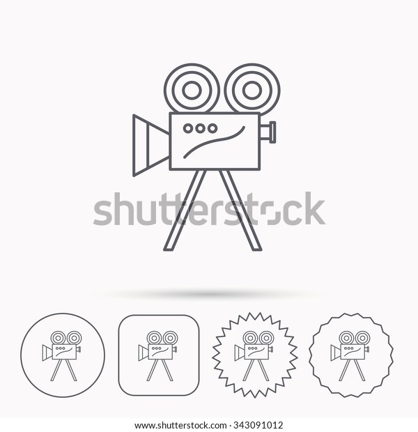 Video camera with reel icon.\
Retro cinema sign. Linear circle, square and star buttons with\
icons.