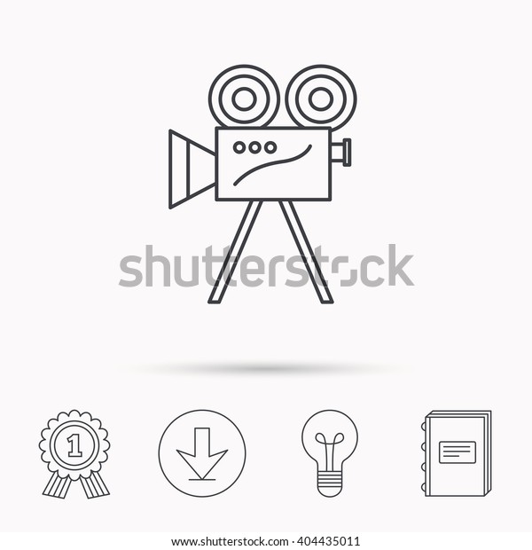 Video camera with reel\
icon. Retro cinema sign. Download arrow, lamp, learn book and award\
medal icons.