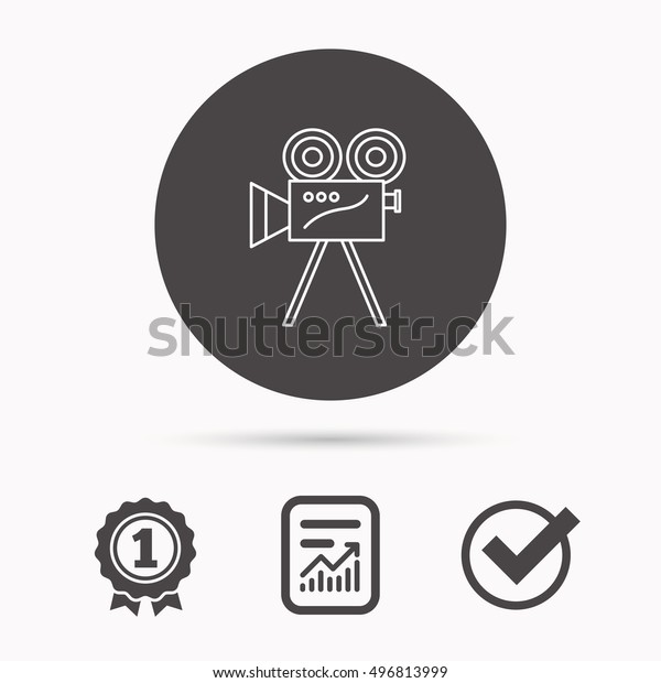 Video camera with reel icon. Retro cinema sign.\
Report document, winner award and tick. Round circle button with\
icon. Vector