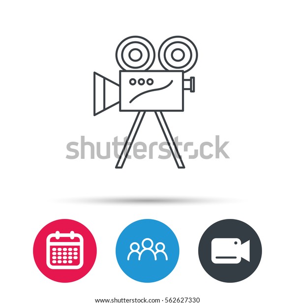 Video camera with reel\
icon. Retro cinema sign. Group of people, video cam and calendar\
icons. Vector