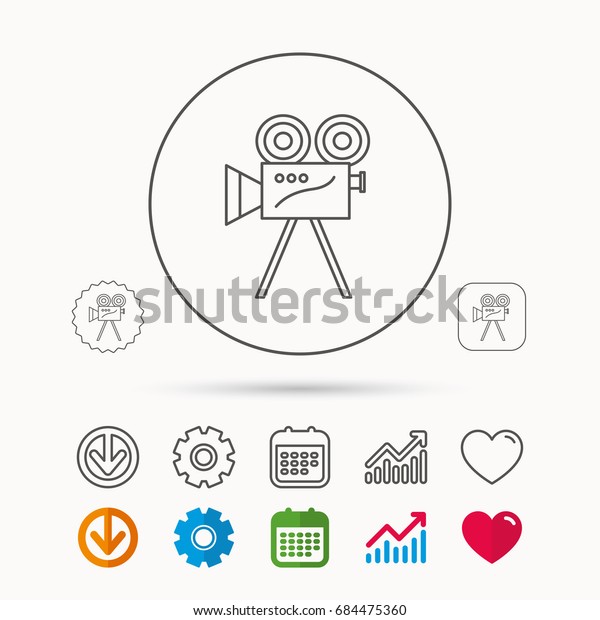 Video camera with reel icon. Retro cinema sign.\
Calendar, Graph chart and Cogwheel signs. Download and Heart love\
linear web icons. Vector