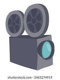 Video camera with reels in flat design. Vintage movie projector for cinema. Vector illustration isolated.