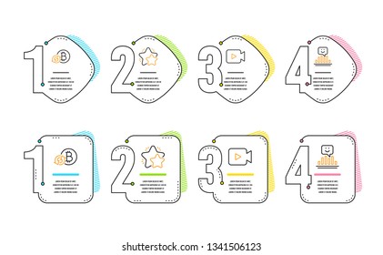 Video camera, Refresh bitcoin and Star icons simple set. Smile sign. Movie or cinema, Update cryptocurrency, Customer feedback. Positive feedback. Infographic timeline. Line video camera icon. Vector