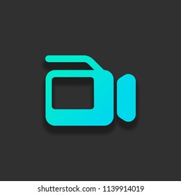 Video camera with screen. Colorful logo concept with soft shadow on dark background. Icon color of azure ocean