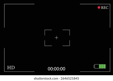Video camera screen. Camera frame with rec, battery, focusing. Vector