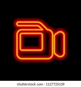 Video camera with screen. Orange neon style on black background. Light icon