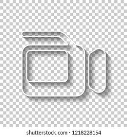 Video camera with screen. White outline sign with shadow on transparent background