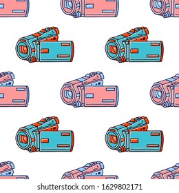Video Camera Seamless Pattern. Blogging Equipment Seamless Pattern. Video Camera Seamless Pattern on white background isolated. Stock Vector Illustration. Hand Drawn Style. 