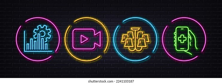 Video camera, Seo graph and Chandelier minimal line icons. Neon laser 3d lights. Health app icons. For web, application, printing. Movie or cinema, Analytics chart, Ceiling light. Vector