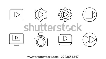 Video and camera set icon. Play square, hex node play, gear play, video cam, monitor play, camera, video box, fast forward drawn for digital media, stream, and visual production use.