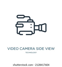 icono de la línea delgada de la vista lateral de la cámara de vídeo. vídeo, ver iconos lineales del signo de contorno aislado del concepto de tecnología. Elemento de símbolo de ilustración vectorial para diseño web y aplicaciones.