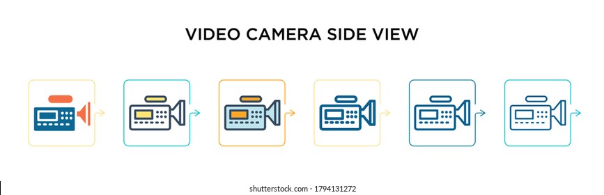 Video camera side view vector icon in 6 different modern styles. Black, two colored video camera side view icons designed in filled, outline, line and stroke style. Vector illustration can be used