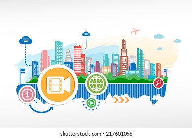 Video camera sign icon and cityscape background with different icon. Design for the print, advertising.