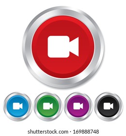 Video camera sign icon. Video content button. Round metallic buttons. Vector