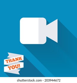 Video camera sign icon. Video content button. White flat icon with long shadow. Paper ribbon label with Thank you text. Vector