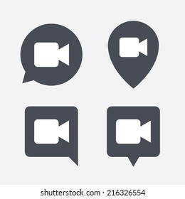 Video camera sign icon. Video content button. Map pointers information buttons. Speech bubbles with icons. Vector