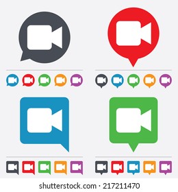 Video camera sign icon. Video content button. Speech bubbles information icons. 24 colored buttons. Vector