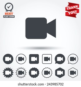 Video camera sign icon. Video content button. Circle, star, speech bubble and square buttons. Award medal with check mark. Thank you. Vector