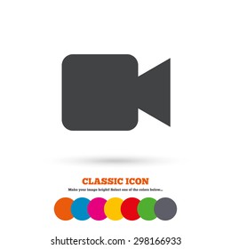 Video camera sign icon. Video content button. Classic flat icon. Colored circles. Vector
