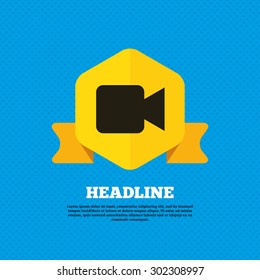 Video camera sign icon. Video content button. Yellow label tag. Circles seamless pattern on back. Vector