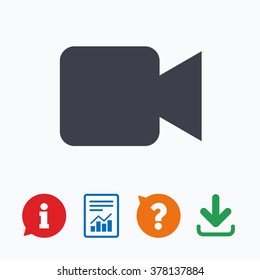 Video camera sign icon. Video content button. Information think bubble, question mark, download and report.
