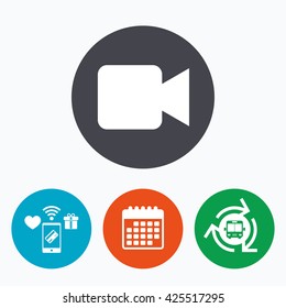 Video camera sign icon. Video content button. Mobile payments, calendar and wifi icons. Bus shuttle.