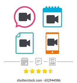 Video camera sign icon. Video content button. Calendar, chat speech bubble and report linear icons. Star vote ranking. Vector