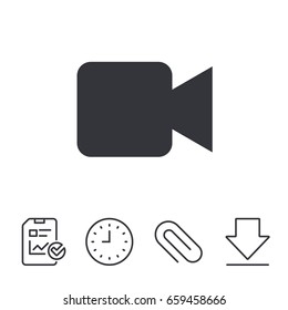 Video camera sign icon. Video content button. Report, Time and Download line signs. Paper Clip linear icon. Vector
