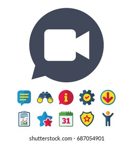 Video camera sign icon. Video content button. Information, Report and Speech bubble signs. Binoculars, Service and Download, Stars icons. Vector