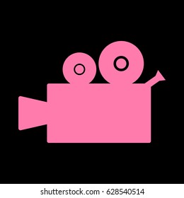 Video camera sign. Vector. Pink icon on black background.