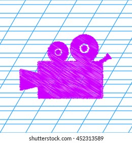 Video camera sign. Violet scribble icon with school paper.